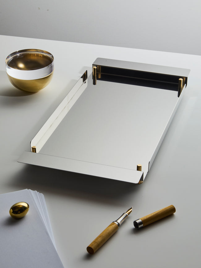 AnObjct - Alto Stainless Steel and Brass Stackable Paper Tray (19in/48.5cm) - Silver - ABASK