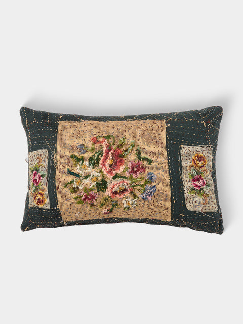 By Walid - 19th-Century Needlepoint Wool and French Ticking Fabric Cushion (19.5in/50cm) - Multiple - ABASK - 
