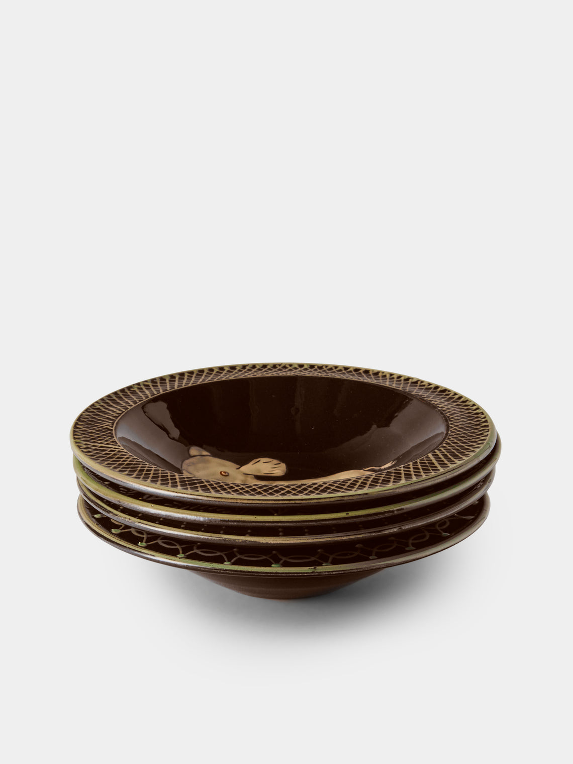 Poterie d’Évires - Animals Hand-Painted Ceramic Breakfast Bowls (Set of 4) - Dark Brown - ABASK