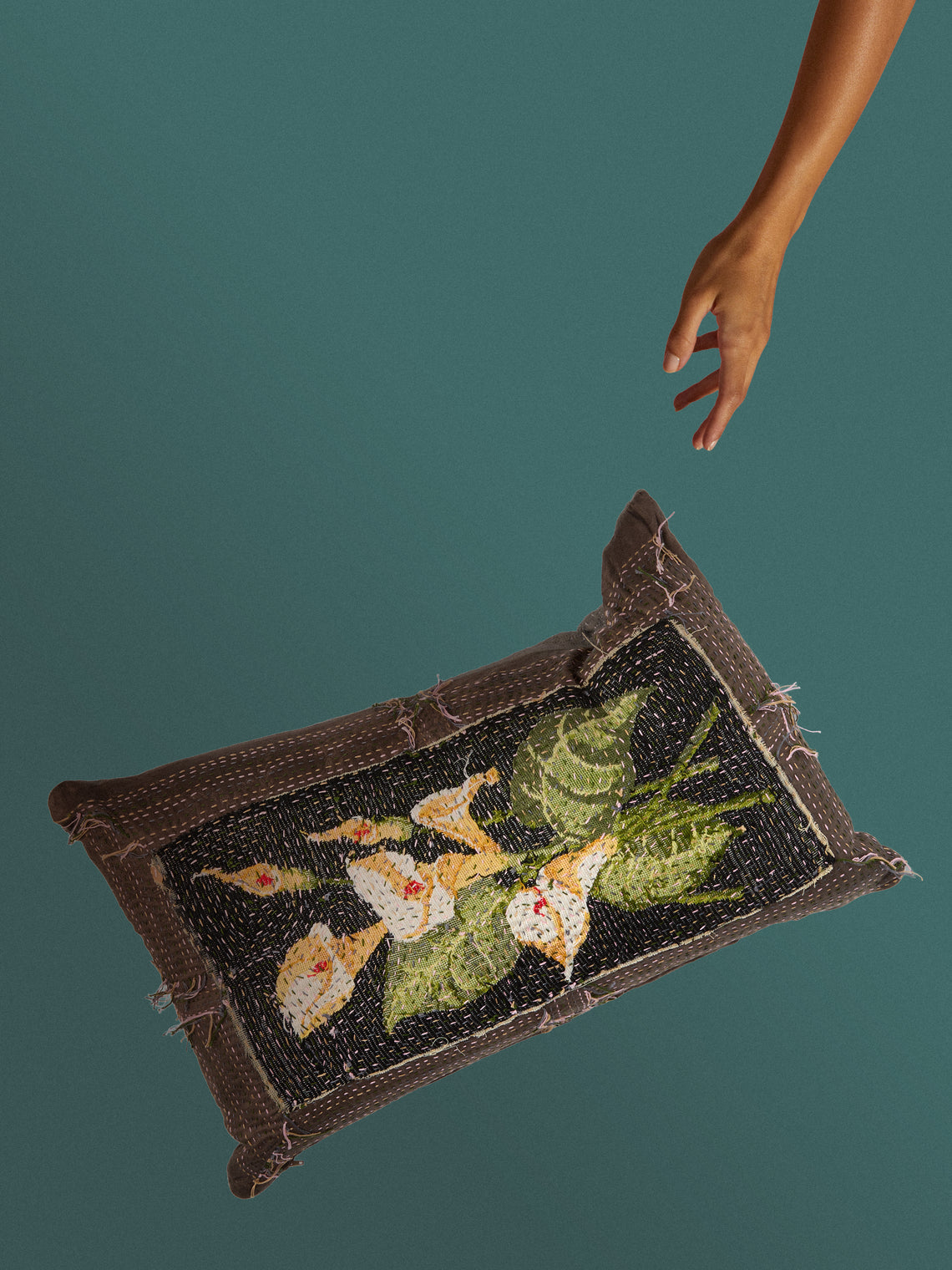 By Walid - 19th-Century French Napoleon III Needlepoint Wool and French Jacquard Cushion (25.5in/65cm) - Multiple - ABASK