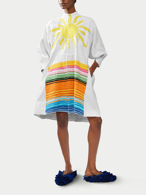 Kilometre Paris - The Sun Rainbow Hand-Embroidered Linen Dress | One Size - White - ABASK