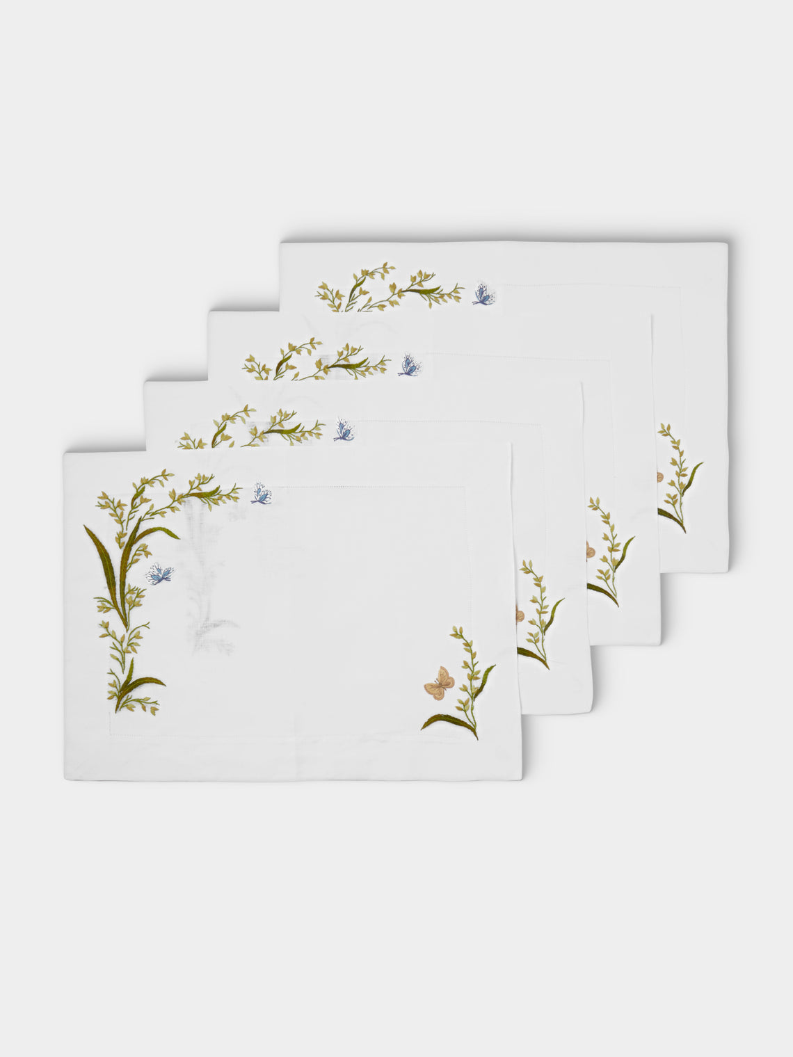 ERI Textiles - | Set of 4 | Green Meadow Hand-Embroidered Linen Placemats - Multiple - ABASK