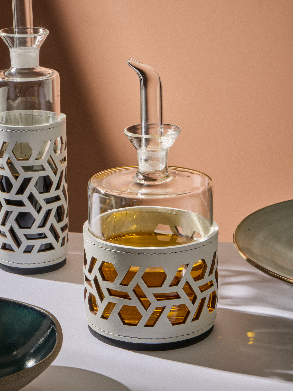 RUDI - Imperia Glass and Leather Low Cruet - White - ABASK