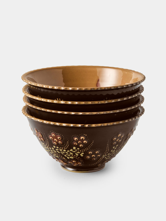 Poterie d’Évires - Flowers Hand-Painted Ceramic Fluted Bowls (Set of 4) - Dark Brown - ABASK - 