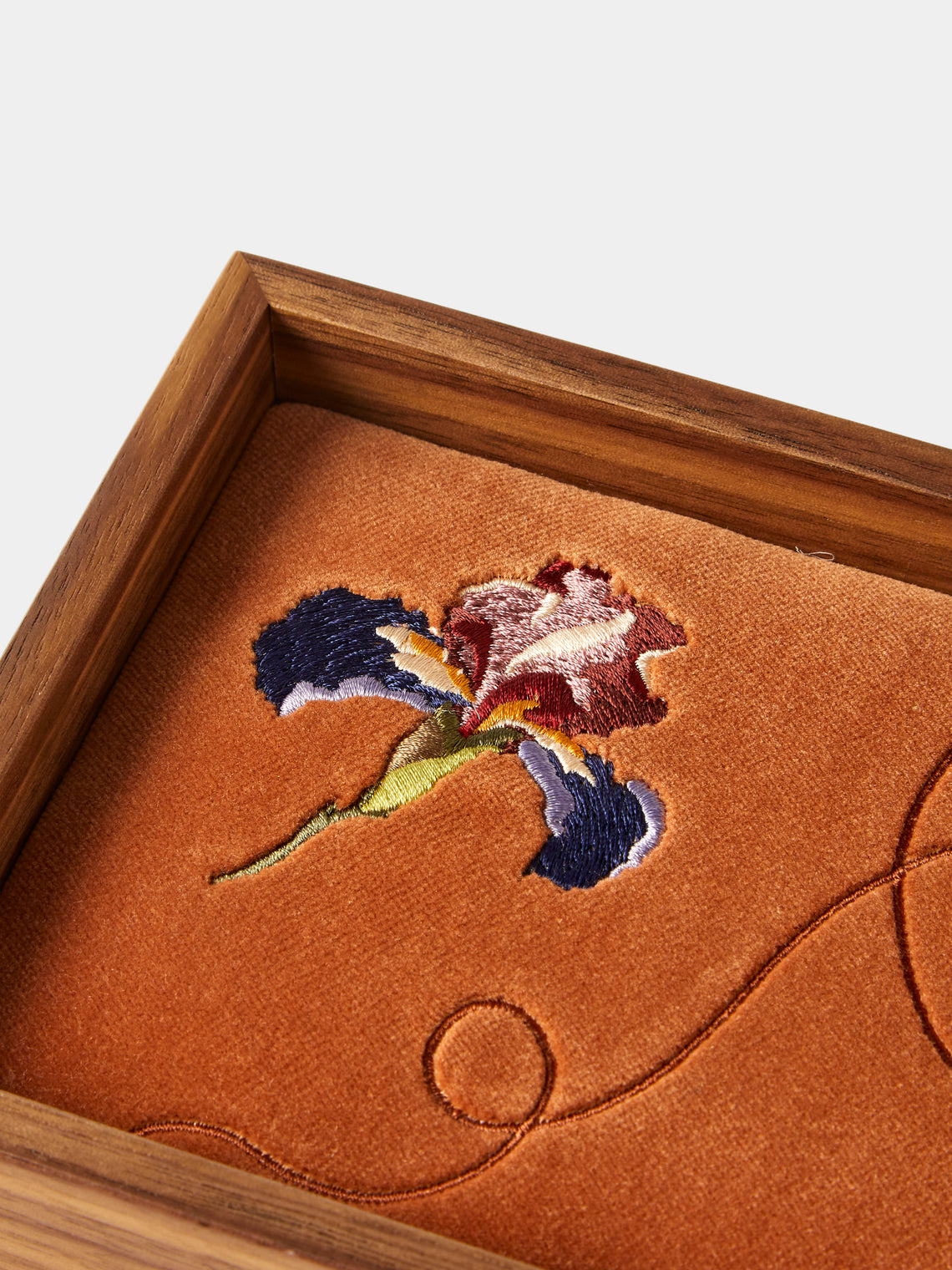 Uncommon Ancestor - Floriography Iris Embroidered Velvet Jewelry Tray (6.5in/17cm) - Orange - ABASK