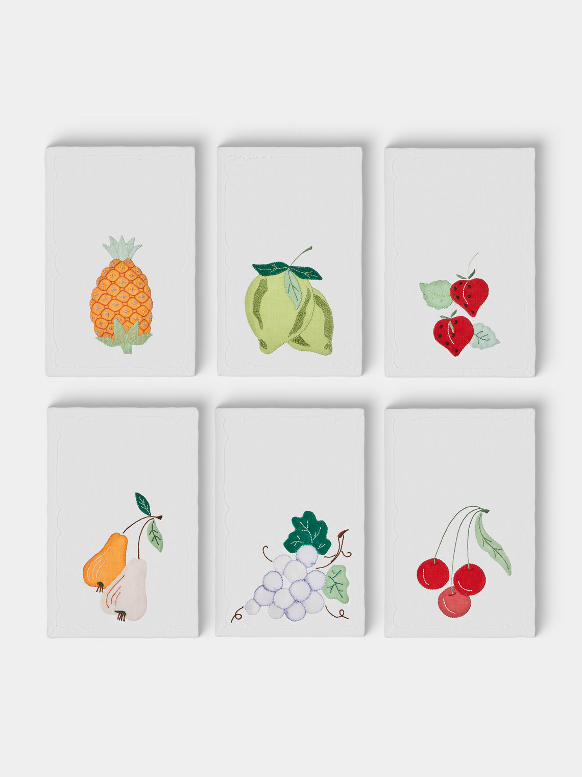 Taf Firenze - | Set of 6 | Retro Fruit Hand-Appliquéd Linen Cocktail Napkins - White - ABASK - 