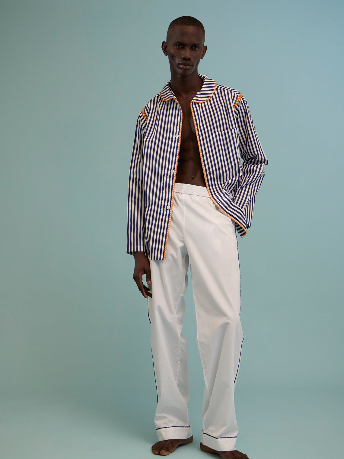 Sebline - Marocaine Hand-Embroidered Cotton Pajama Shirt  | Size: M/L - Blue - ABASK