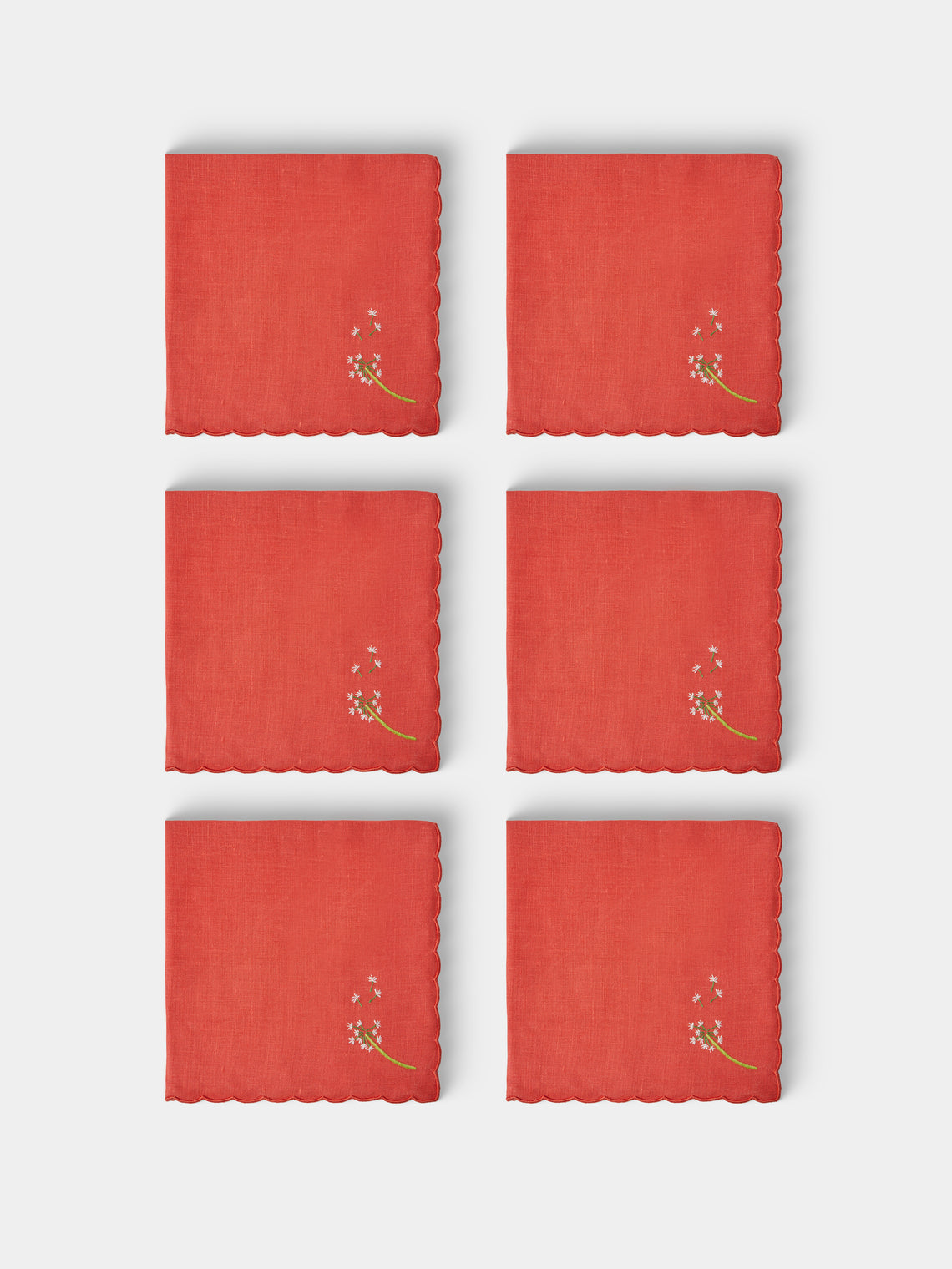 Taf Firenze - | Set of 6 | Floral Hand-Embroidered Linen Placemats and Napkins - Red - ABASK - 