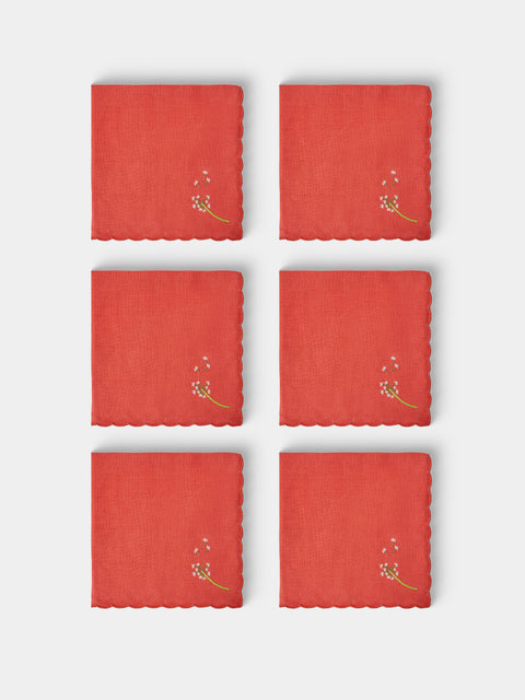 Taf Firenze - | Set of 6 | Floral Hand-Embroidered Linen Placemats and Napkins - Red - ABASK - 