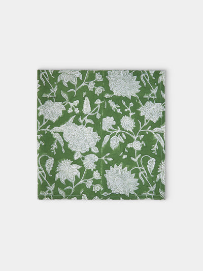 Chamois - | Set of 4 | Indian Rose Block-Printed Cotton Napkins - Green - ABASK - 
