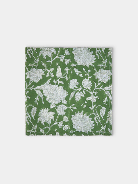 Chamois - | Set of 4 | Indian Rose Block-Printed Cotton Napkins - Green - ABASK - 