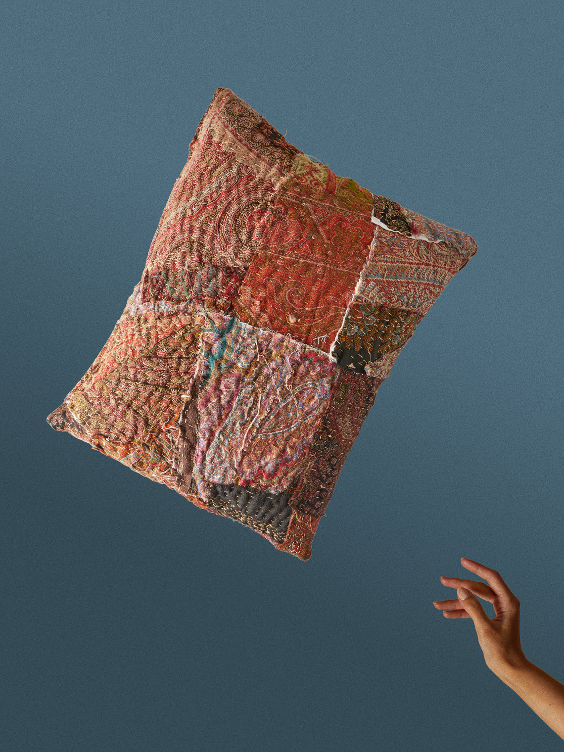 By Walid - 19th-Century Paisley Patchwork Wool and Damask Cushion (17.5in/45cm) - Multiple - ABASK