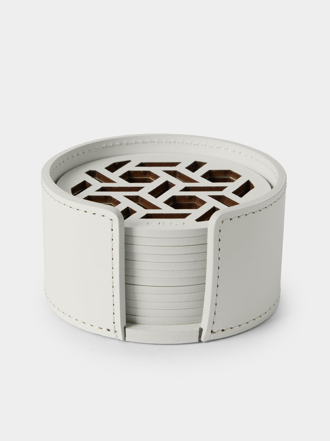 RUDI - | Set of 12 | Acquerello Leather Coasters with Holder - White - ABASK - 