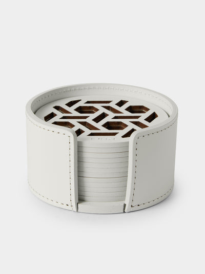RUDI - | Set of 12 | Acquerello Leather Coasters with Holder - White - ABASK - 