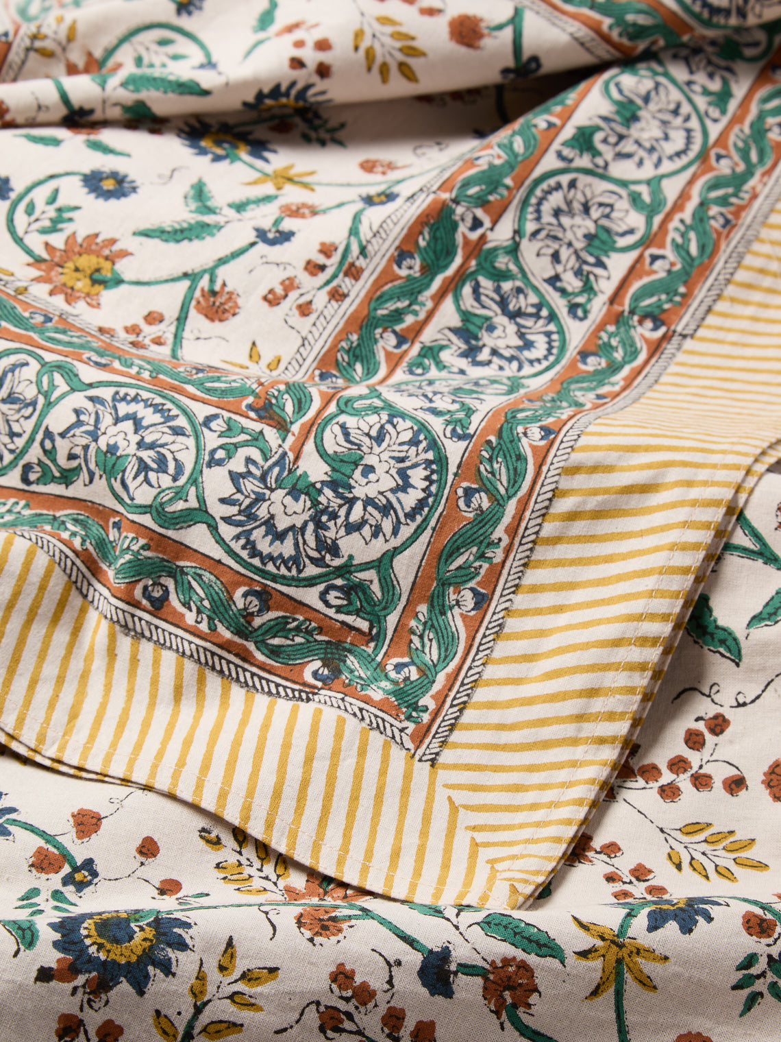 Chamois - Samode Block-Printed Cotton Rectangular Tablecloth (106in/2.7m) - Yellow - ABASK