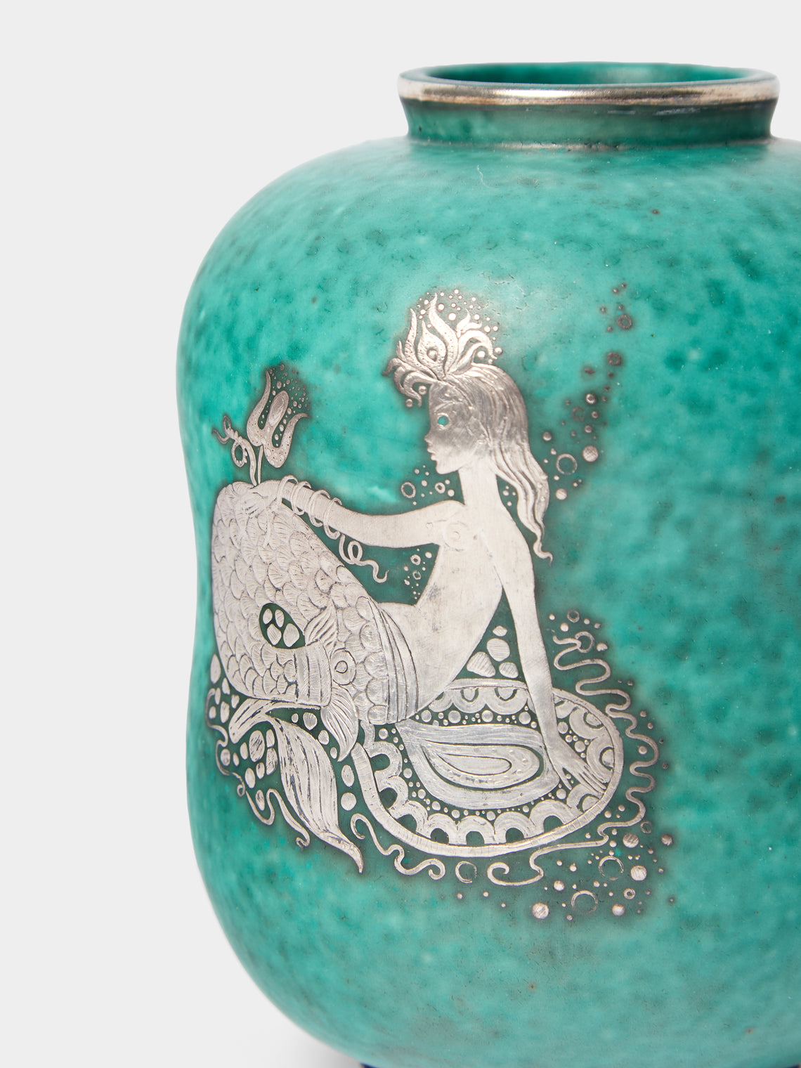 Antique and Vintage - 1945-1949 Mari Simmulson and Wilhelm Kåge Argenta Mermaid Stoneware Vase (6in/15.5cm) - Blue - ABASK