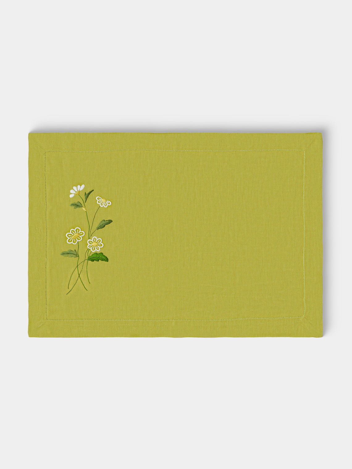 Taf Firenze - | Set of 6 | Daisy Hand-Embroidered Linen Placemats and Napkins - Green - ABASK