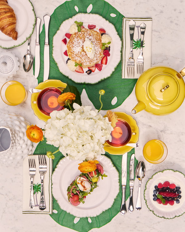 La Gallina Matta - | Set of 4 | Monstera Embroidered Linen Placemats - Green - ABASK