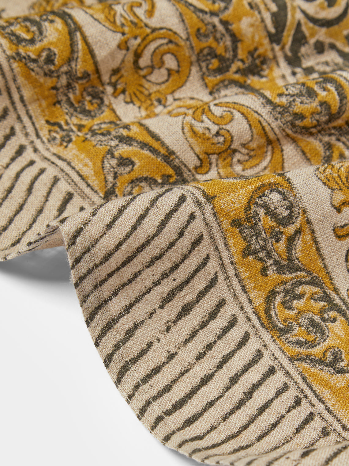 Chamois - Ornamental Block-Printed Linen Rectangular Tablecloth (106.5in/2.7m) - Multiple - ABASK