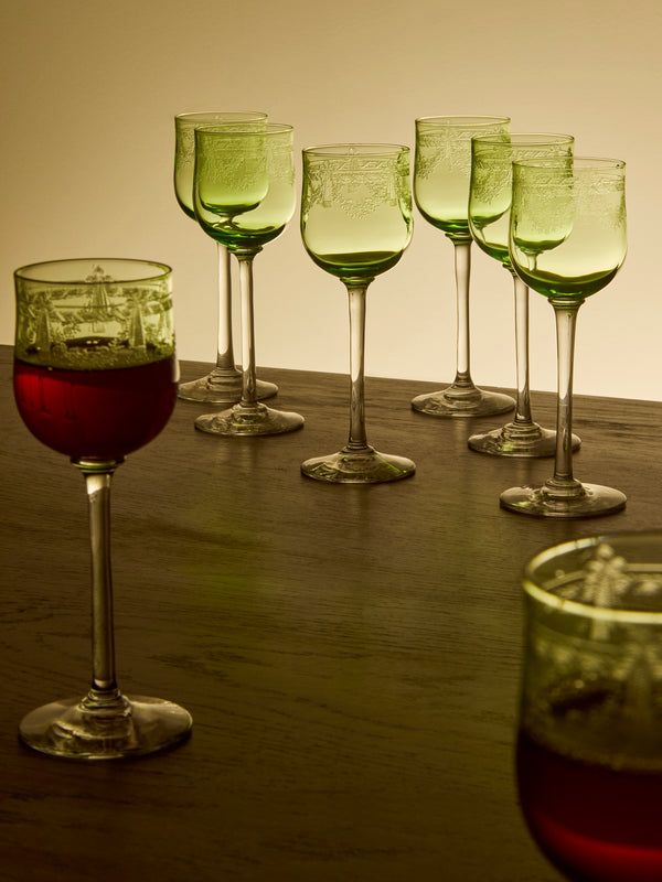 Antique and Vintage - 1900s Crystal Hock Wine Glasses (Set of 11) - Green - ABASK