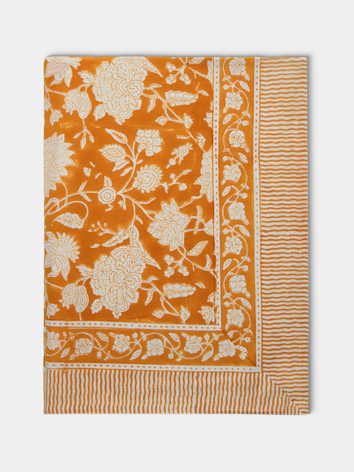 Chamois - Indian Rose Block-Printed Cotton Rectangular Tablecloth (138in/3.5m) - Orange - ABASK - 