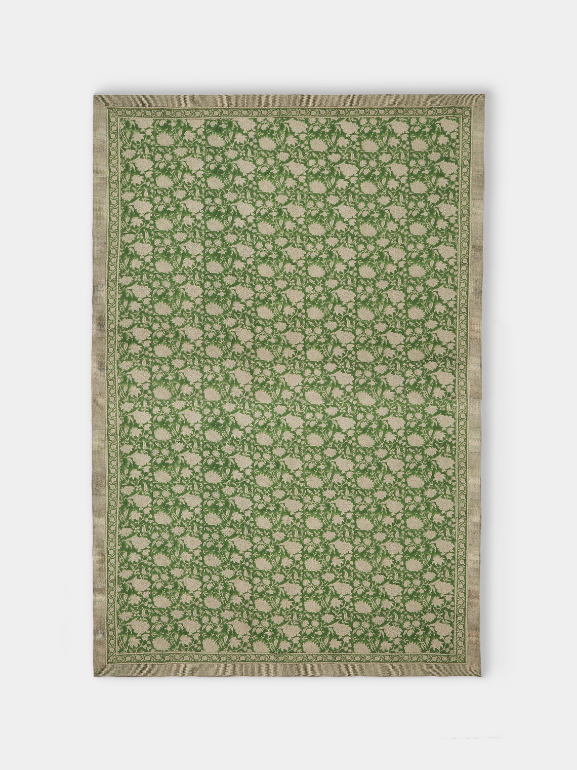 Chamois - Parrot Block-Printed Linen Rectangular Tablecloth (106.5in/2.7m) - Green - ABASK