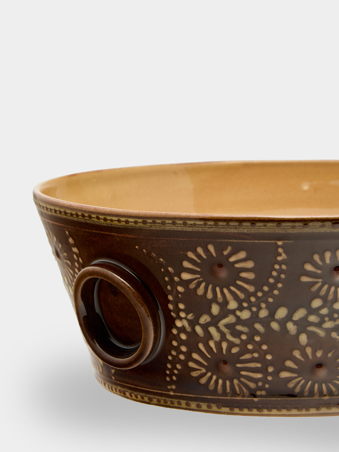 Poterie d’Évires - Flowers Hand-Painted Ceramic Small Handled Serving Bowl - Dark brown - ABASK