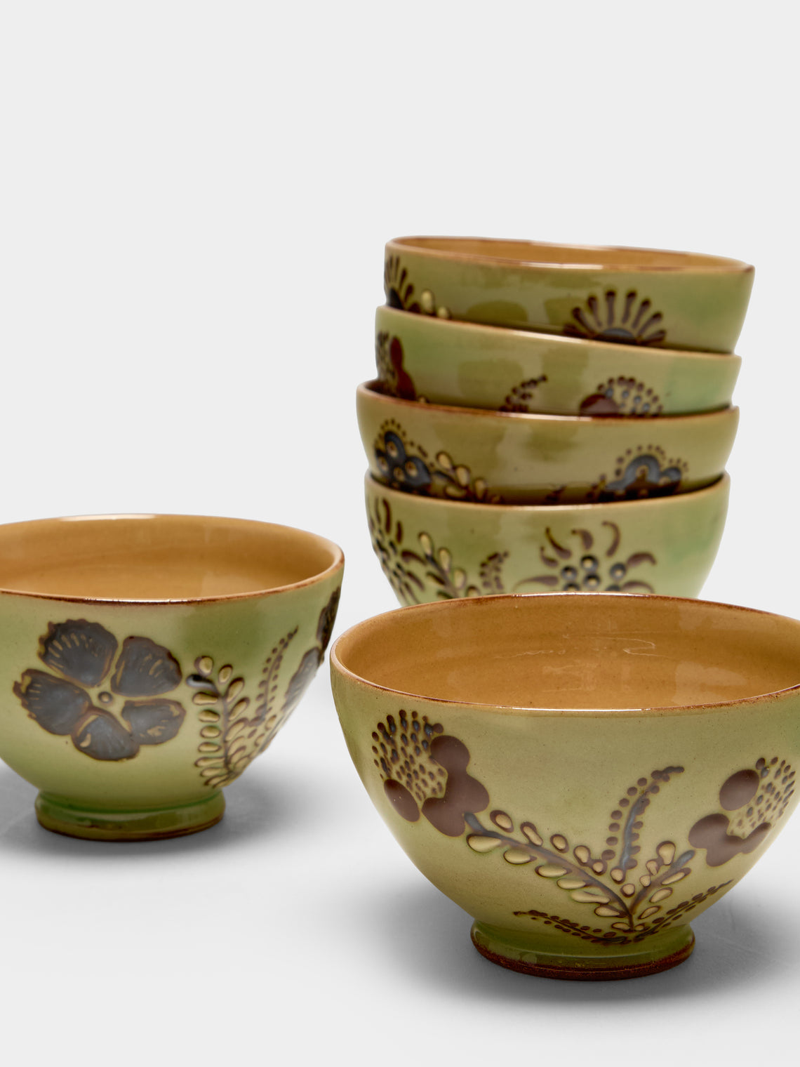 Poterie d’Évires - Flowers Hand-Painted Ceramic Petite Bowls (Set of 6) - Green - ABASK