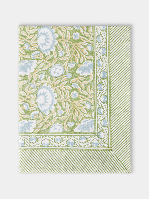 Chamois - The Garden of Mathilde Block-Printed Cotton Rectangular Tablecloth (106.5in/2.7m) - Green - ABASK - 