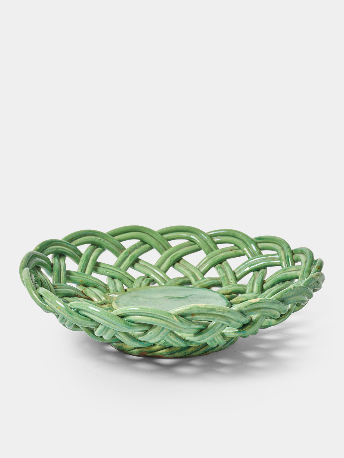Antique and Vintage - Mid-Century Woven Ceramic Basket - Green - ABASK