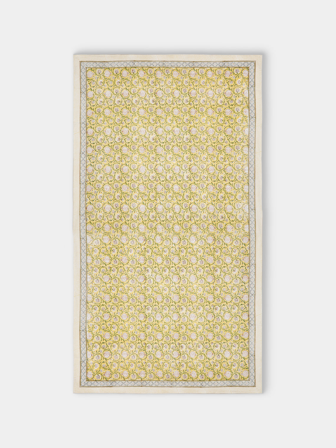 Chamois - Tangier Pomegranate Block-Printed Cotton Rectangular Tablecloth (90.5in/2.3m) - Yellow - ABASK