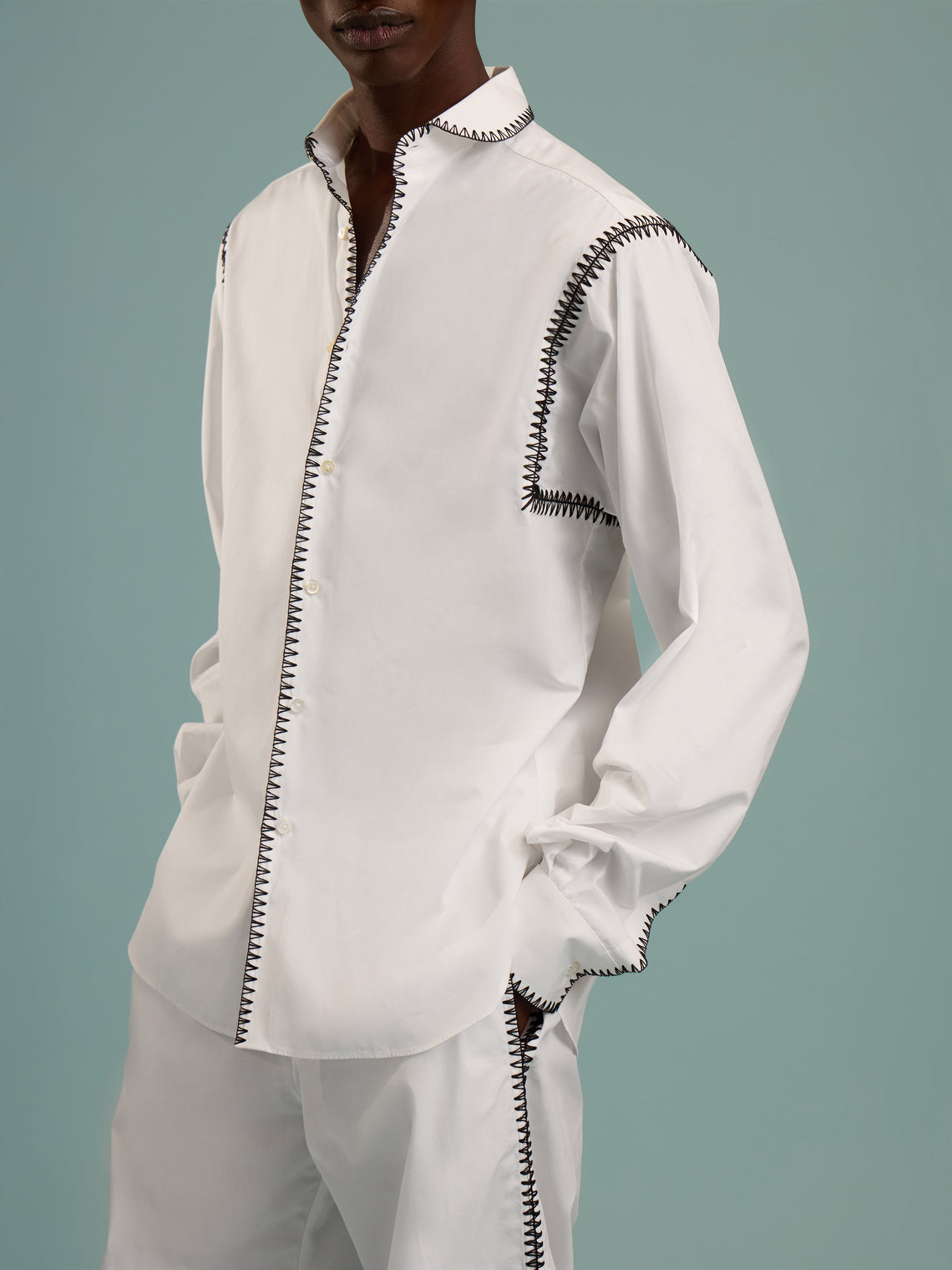 Sebline - Marocaine Hand-Embroidered Cotton Shirt | Size: L/XL - White - ABASK