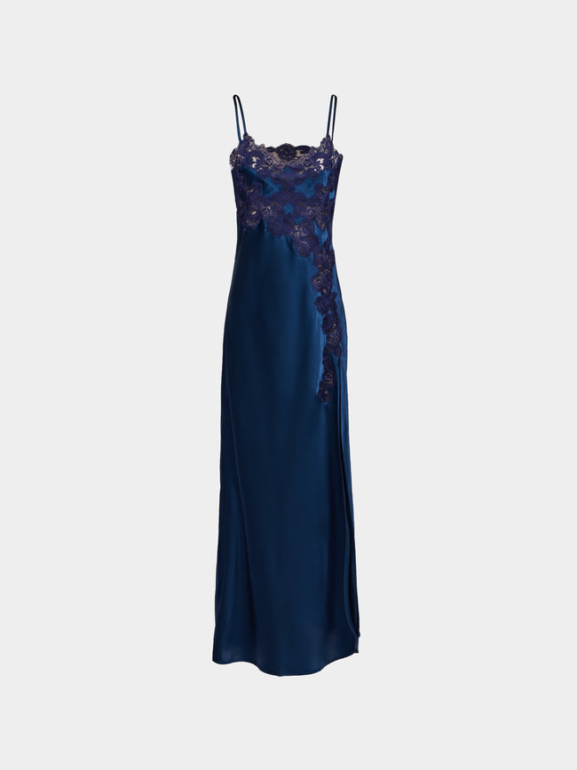 Loretta Caponi - Giadeite Silk and Lace Long Dress | Size: XS - Navy - ABASK - 