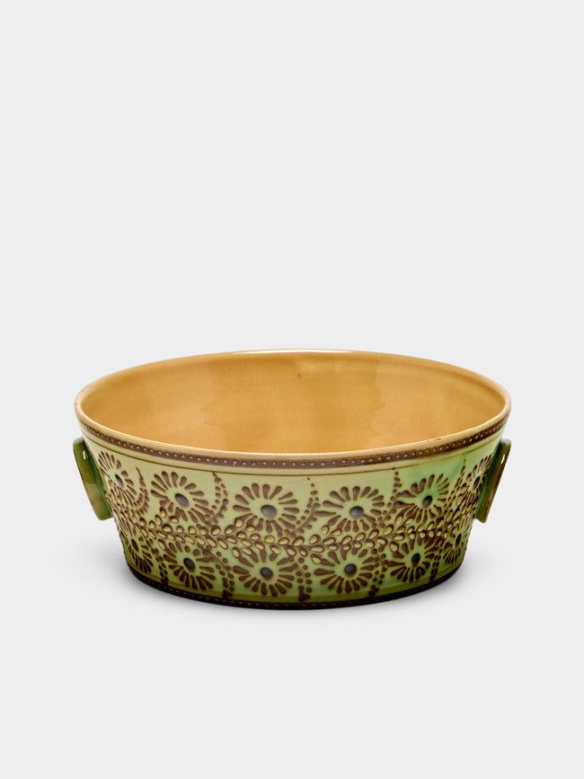 Poterie d’Évires - Flowers Hand-Painted Ceramic Small Handled Serving Bowl - Green - ABASK - 