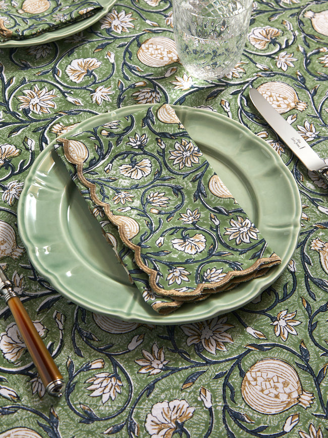 Chamois - Tangier Pomegranate Block-Printed Cotton Napkins (Set of 4) - Green - ABASK