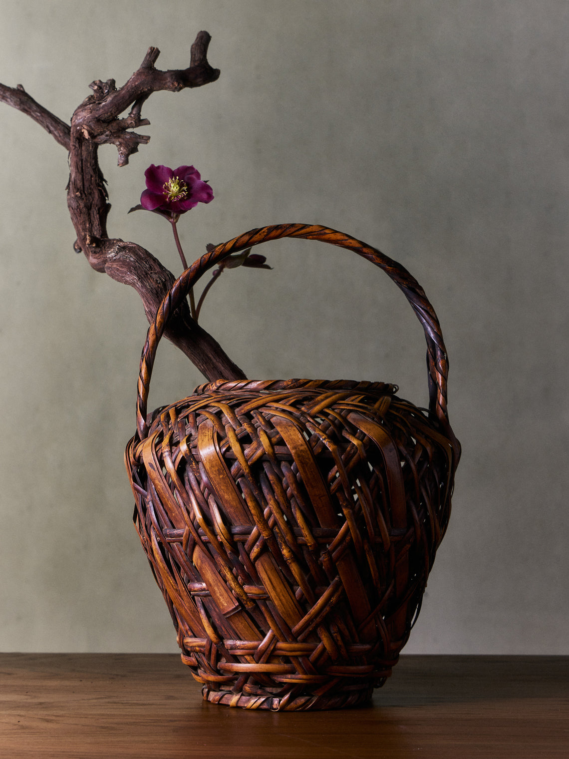 Antique and Vintage - Mid-Century Japanese Bamboo Ikebana Basket - Brown - ABASK