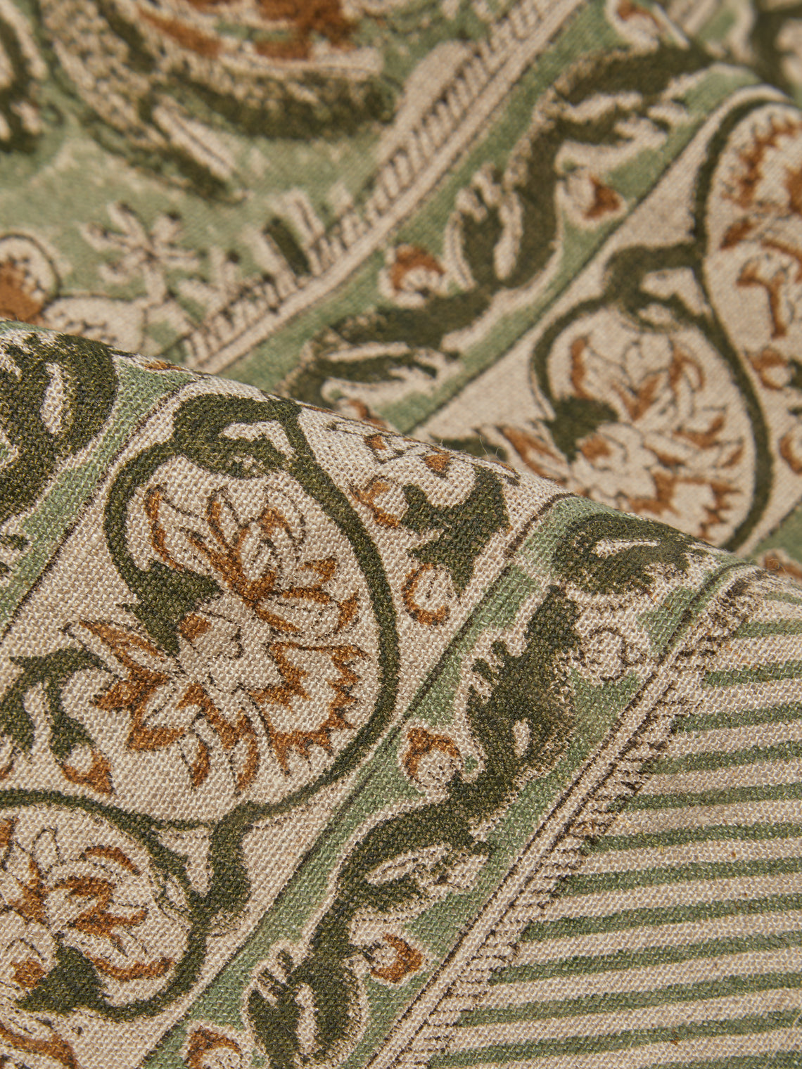 Chamois - Parrot Block-Printed Linen Rectangular Tablecloth (138in/3.5m) - Multiple - ABASK