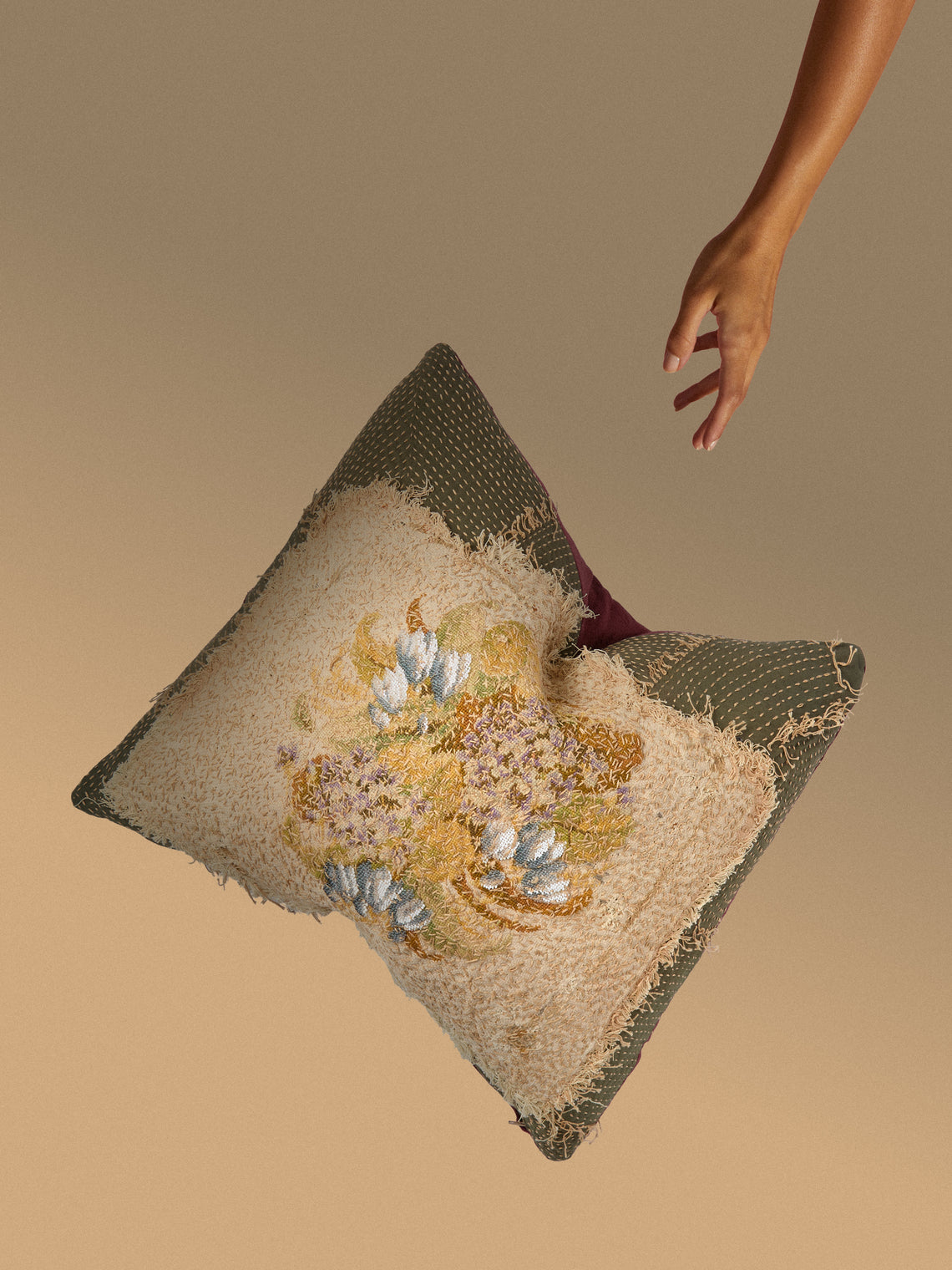 By Walid - 19th-Century Victorian Wool and Glass Beaded Embroidery Damask Cushion (21in/53cm) - Multiple - ABASK