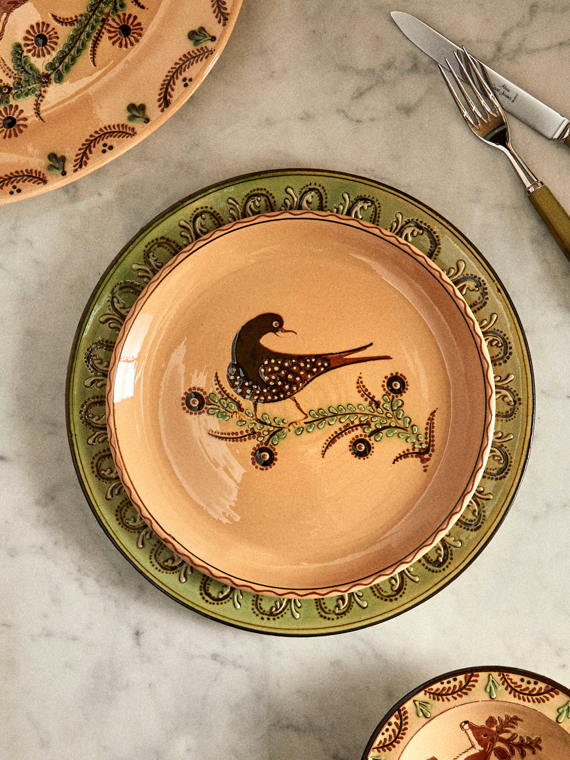 Poterie d’Évires - Birds Hand-Painted Ceramic Dinner Plates (Set of 4) - Cream - ABASK