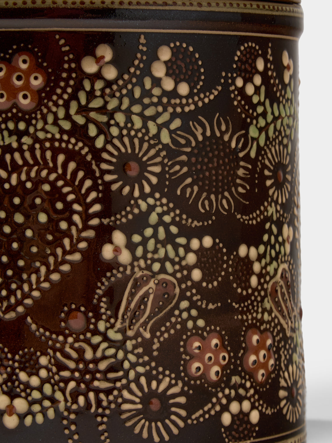 Poterie d’Évires - Flowers Hand-Painted Ceramic Medium Lidded Pot - Dark brown - ABASK