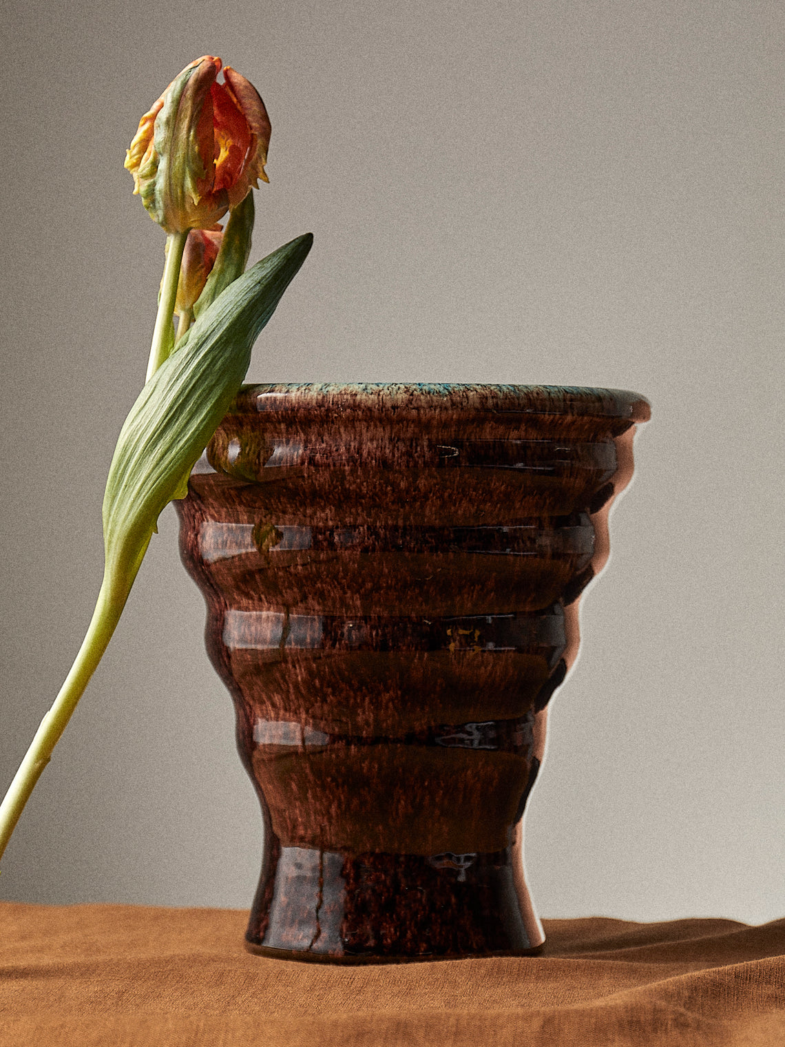 Antique and Vintage - Mid-Century Accolay Ceramic Vase (9in/23cm) - Brown - ABASK