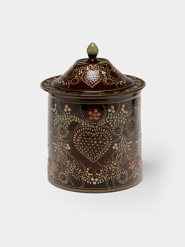 Poterie d’Évires - Flowers Hand-Painted Ceramic Medium Lidded Pot - Dark brown - ABASK - 