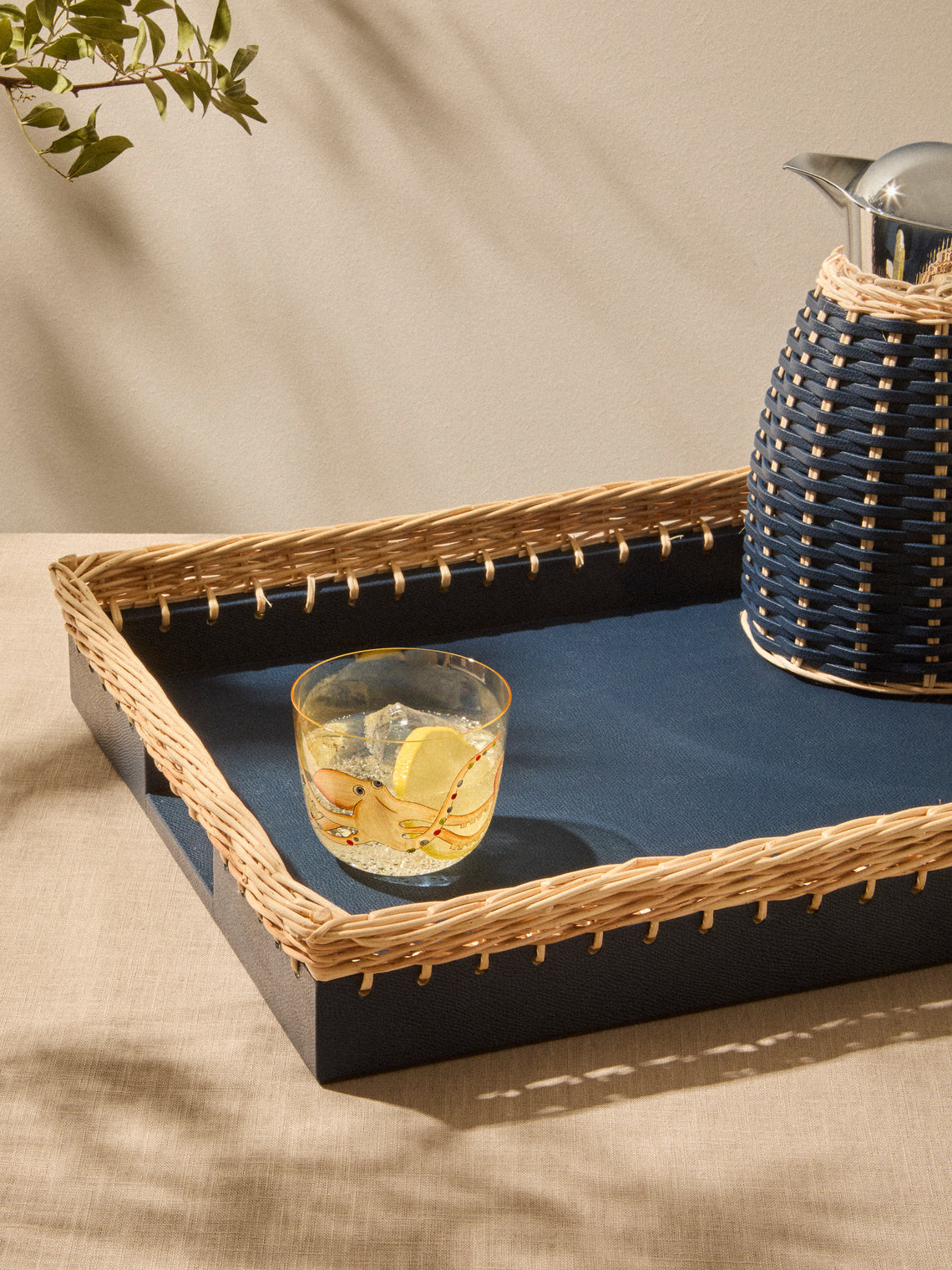 Pigment France - Giverny Leather and Rattan Tray (19in/49cm) - Blue - ABASK
