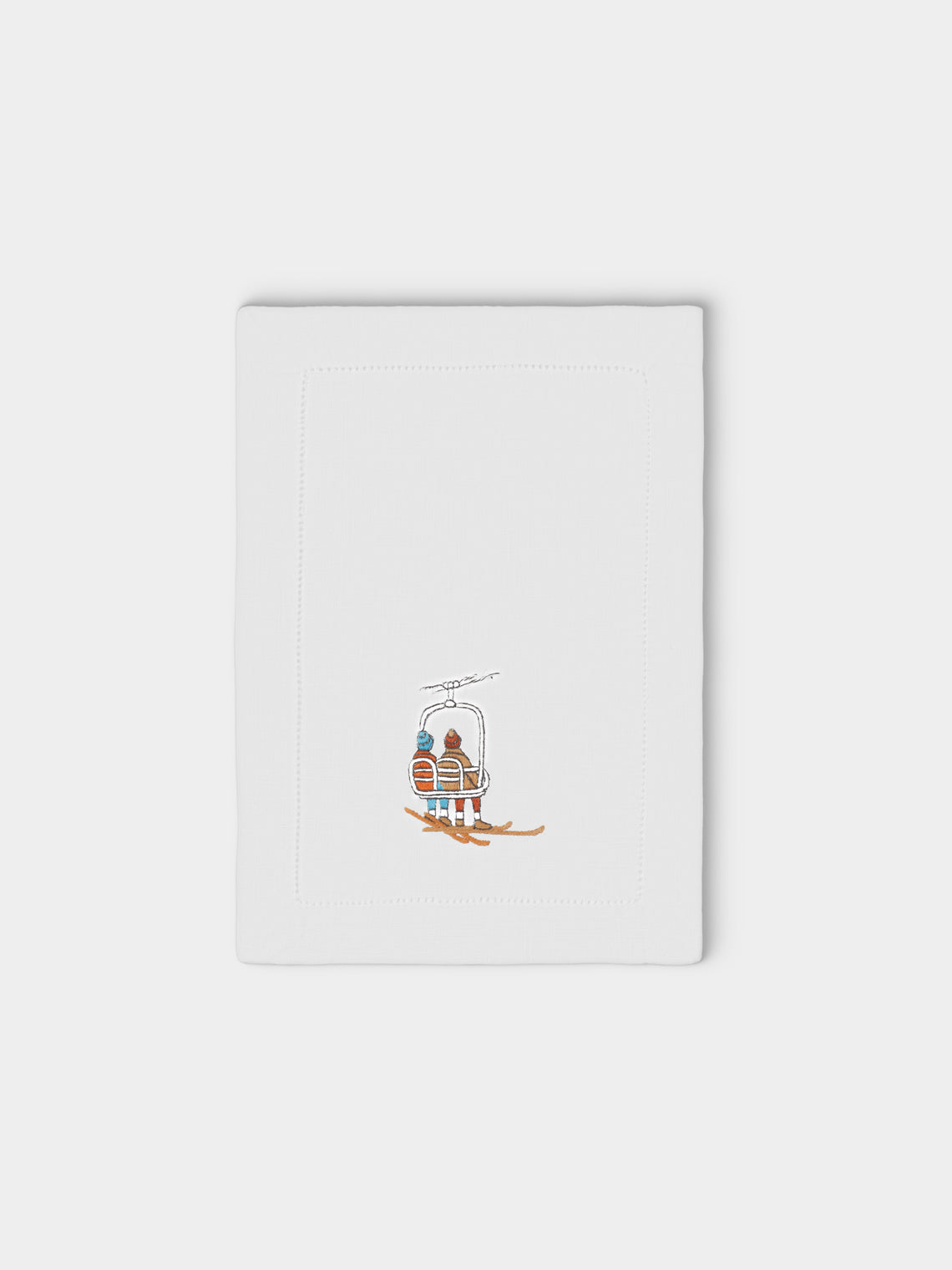 ERI Textiles - | Set of 6 | Up We Go Skiing Hand-Embroidered Linen Cocktail Napkins - White - ABASK
