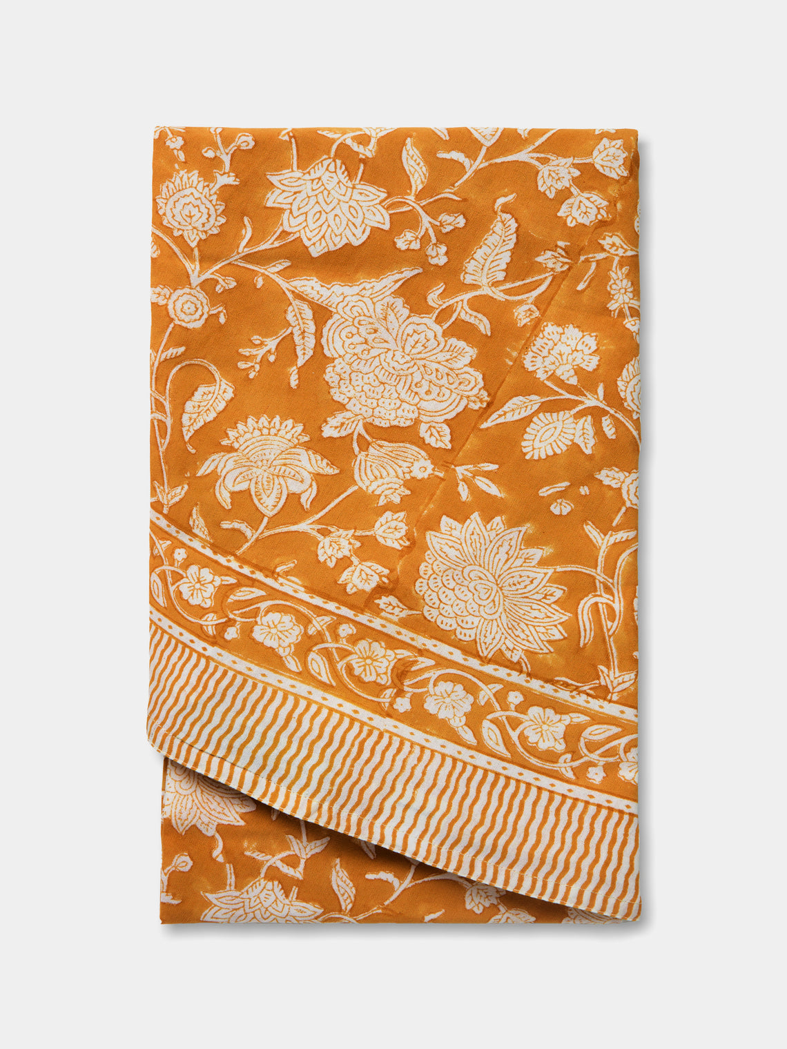 Chamois - Indian Rose Block-Printed Cotton Round Tablecloth (63in/1.6m) - Orange - ABASK