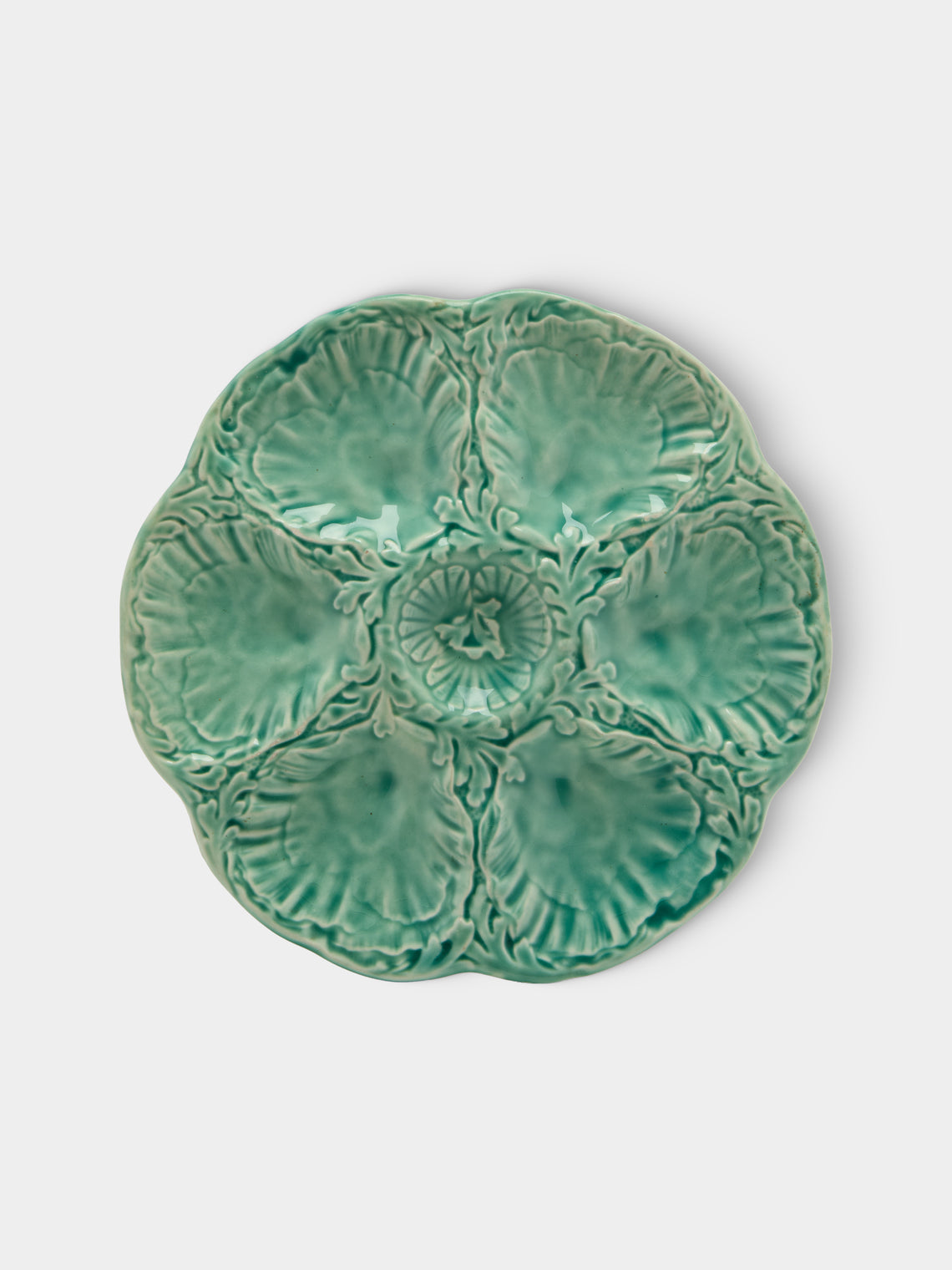 Antique and Vintage - Mid-Century Cabbage Majolica Ceramic Oyster Plates – 9.5in/24cm (Set of 10) - Green - ABASK