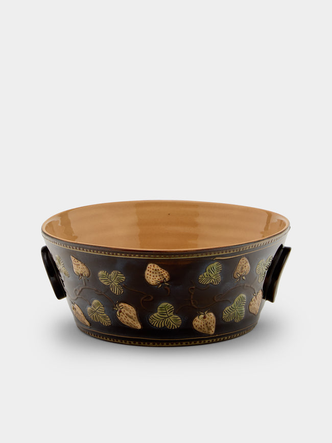Poterie d’Évires - Strawberries Hand-Painted Ceramic Large Handled Serving Bowl - Dark brown - ABASK - 
