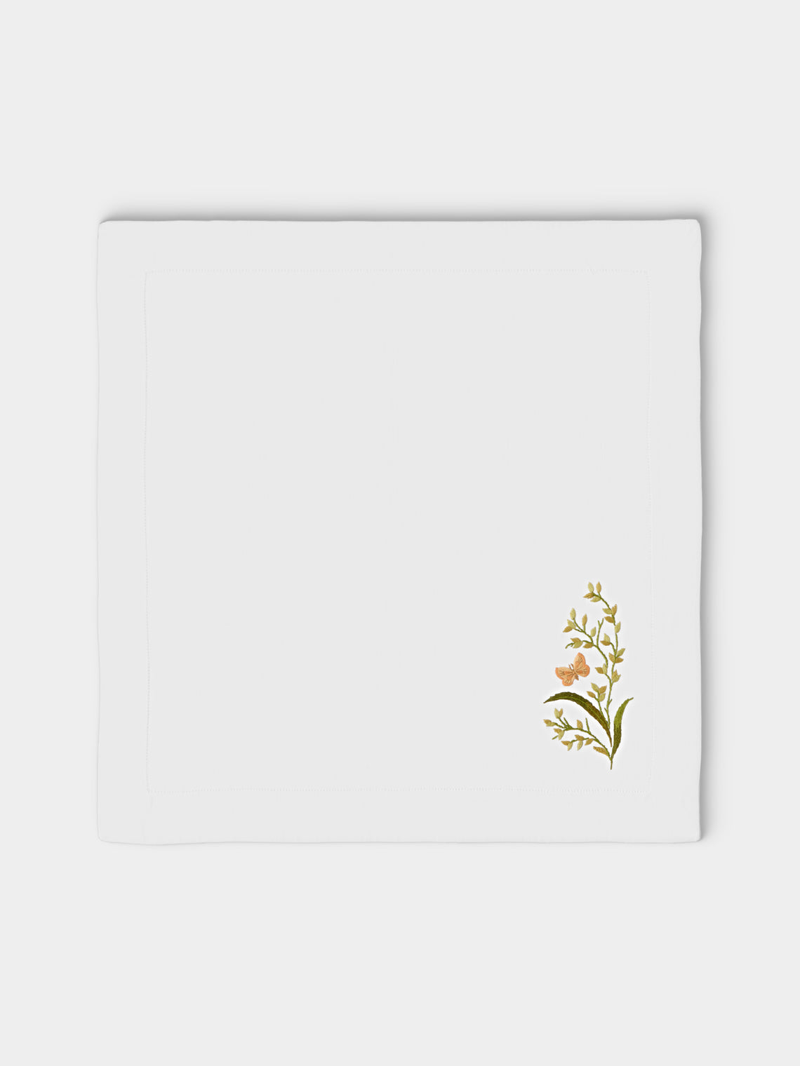 ERI Textiles - | Set of 4 | Green Meadow Hand-Embroidered Linen Napkins - White - ABASK