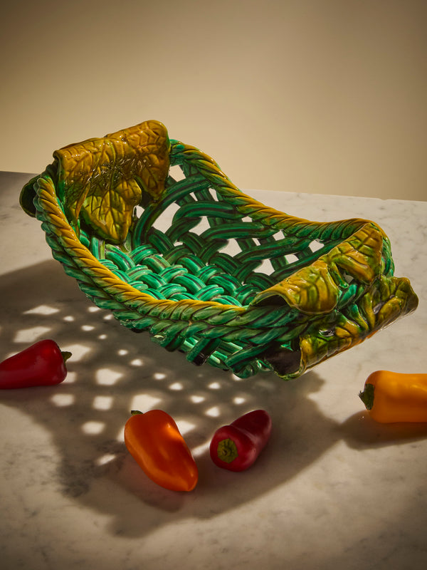 Antique and Vintage - Mid-Century Majolica Ceramic Basket - Green - ABASK