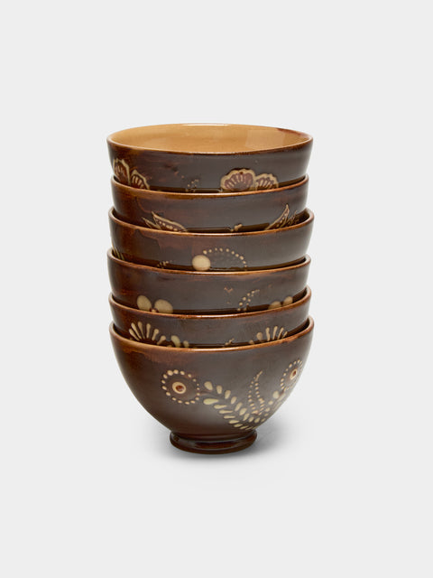 Poterie d’Évires - Flowers Hand-Painted Ceramic Petite Bowls (Set of 6) - Dark brown - ABASK - 